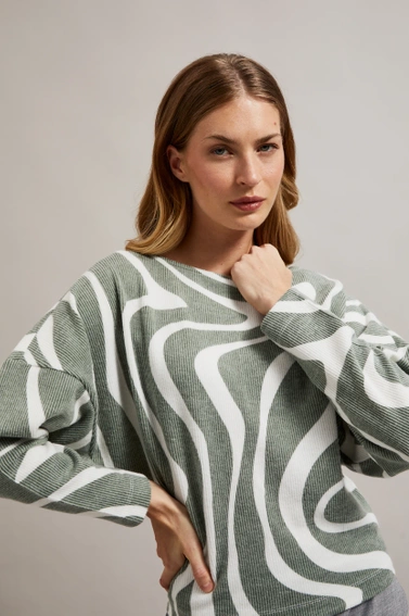 Bluza z geometrycznym wzorem i długimi rękawami oliwkowa