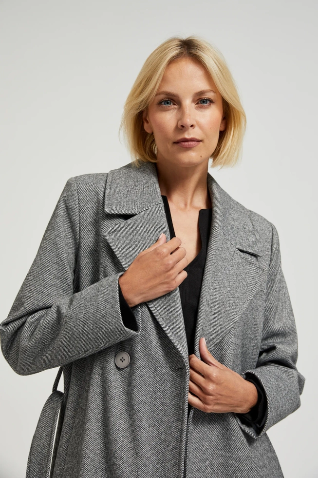 Dwurzędowy płaszcz z paskiem szary