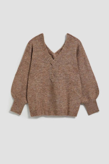 Sweter z dekoltem w serek ciemnobeżowy