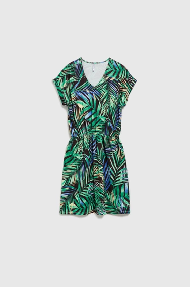 Sukienka w tropikalny wzór z wiązaniem w talii zielona