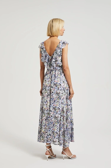 Sukienka z kwiatki z falbaną na dekolcie błękitna