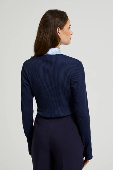 Prążkowana bluzka z kołnierzykiem granatowa