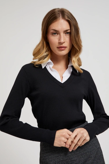 Prążkowana bluzka z kołnierzykiem czarna
