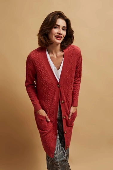 Długi kardigan malinowy