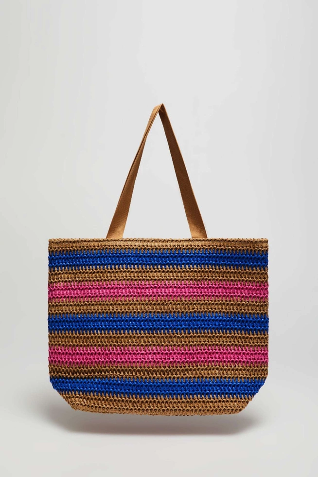 Pleciona torba na ramię w paski ciemnobeżowa