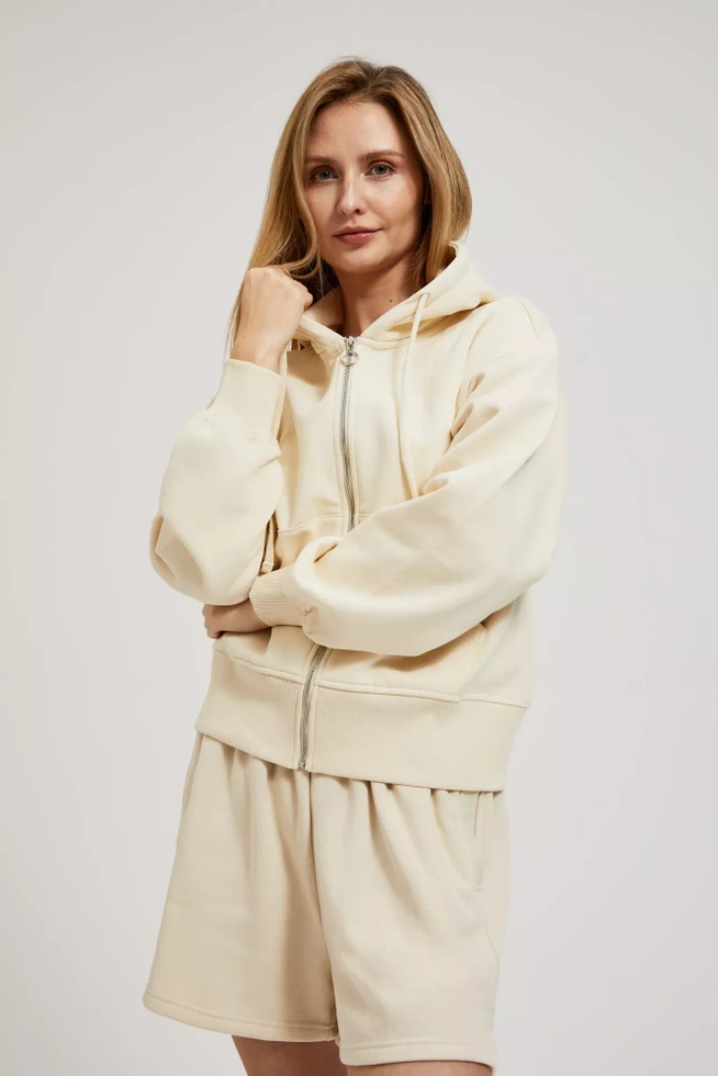 Rozpinana bluza z kapturem i bufiastymi rękawami beżowa