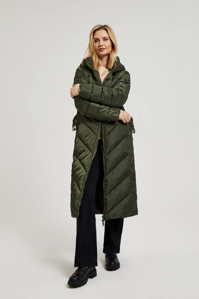 Pikowana kurtka z paskiem oliwkowa