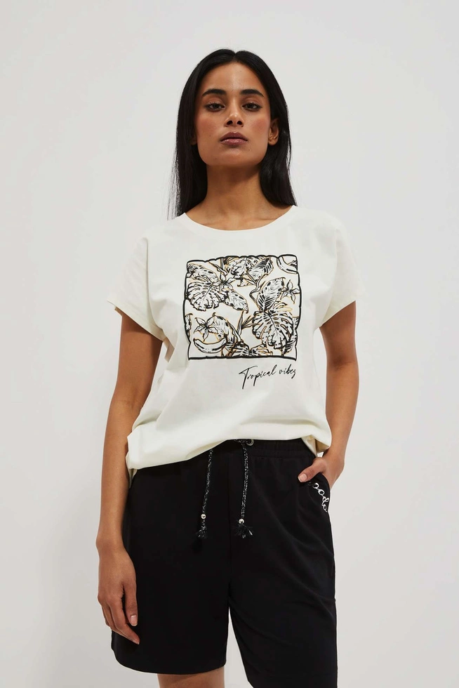T-shirt z roślinnym nadrukiem perłowy
