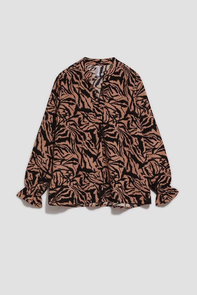 Wzorzysta koszula z dekoltem w serek ciemnobeżowa