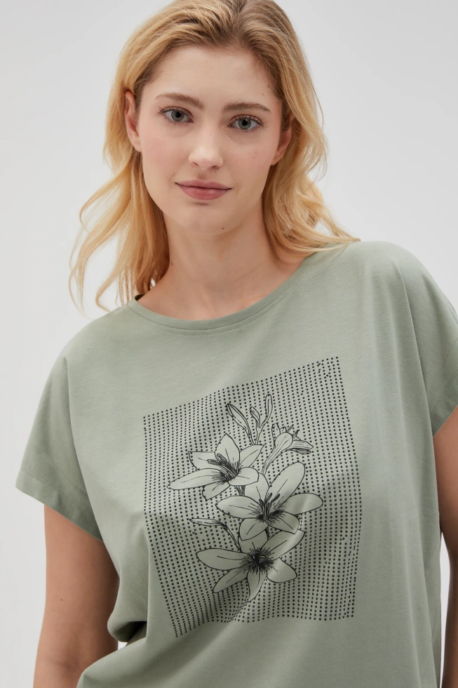 Bluzka z nadrukiem i krótkimi rękawami oliwkowa