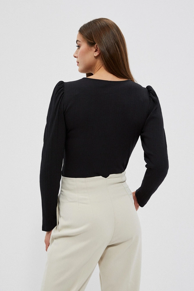 Bluzka z prążkowanej dzianiny z bufiastymi rękawami czarna