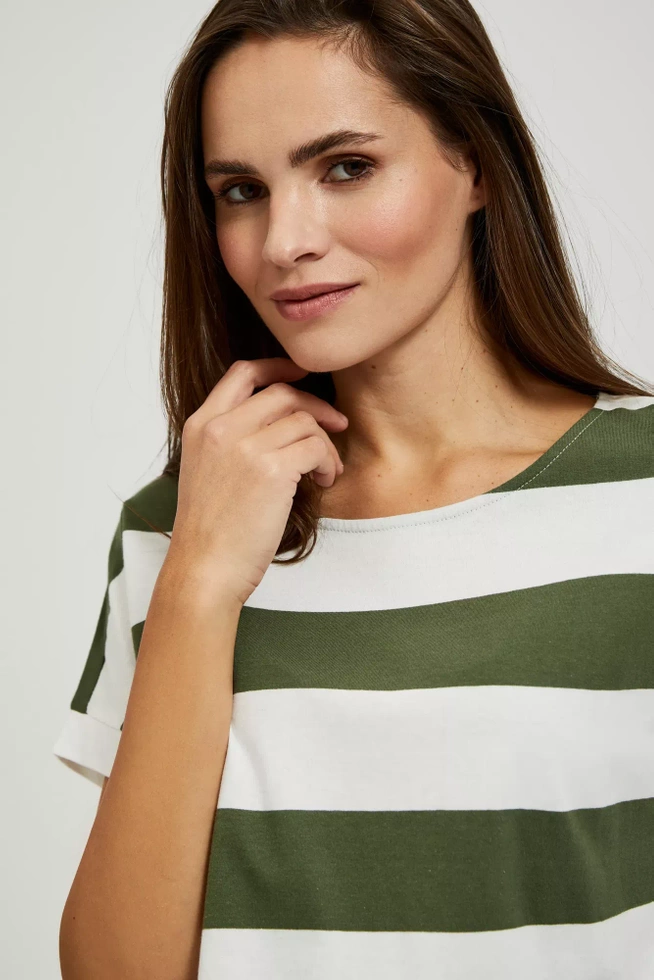 Bluzka w szerokie pasy z krótkimi rękawami khaki