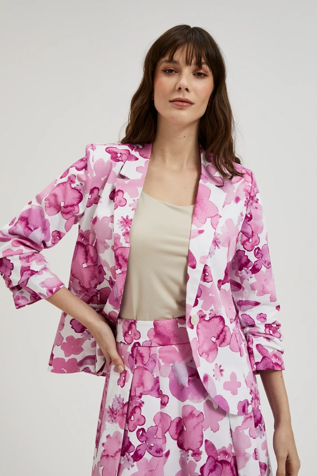 Marynarka z marszczonymi rękawami w kwiaty różowa