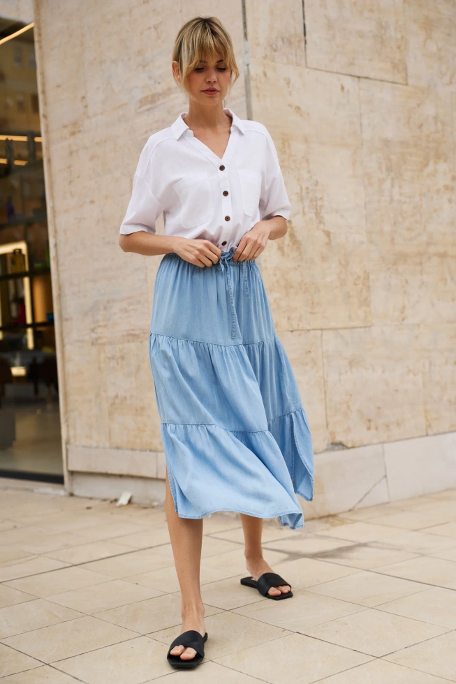 Spódnica midi z materiału lyocell błękitna