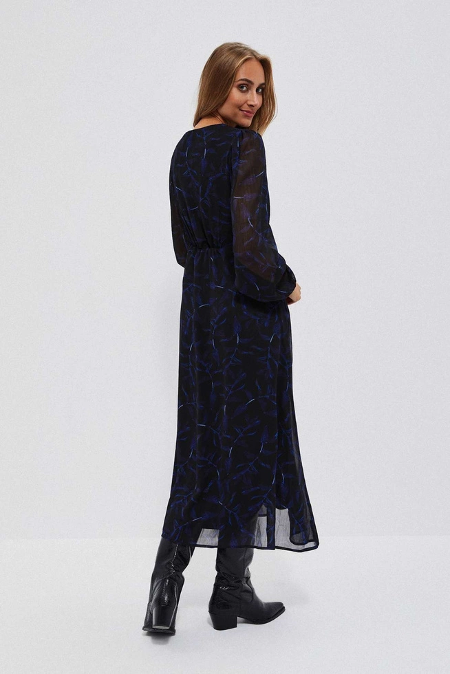 Sukienka midi z printem i bufiastymi rękawami czarna