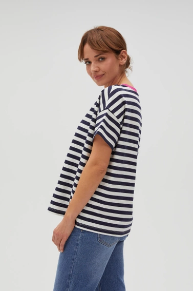 Bawełniana bluza w paski z krótkimi rękawami granatowa