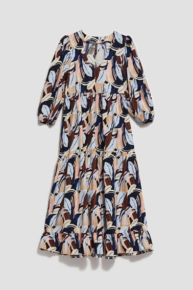 Wzorzysta sukienka midi z falbaną ciemnobeżowa