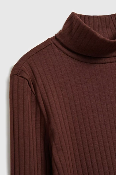 Prążkowana bluzka z golfem kasztanowa