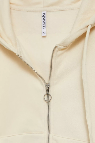 Rozpinana bluza z kapturem i bufiastymi rękawami beżowa