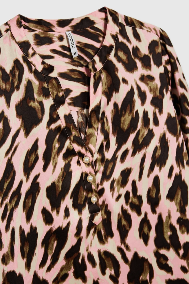 Koszula w panterkę z długimi rękawami beżowa
