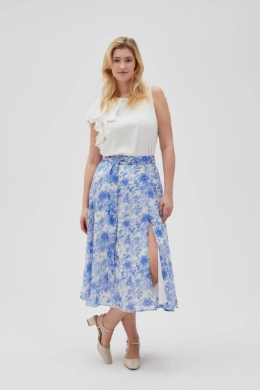 Spódnica w kwiaty z rozcięciem błękitna