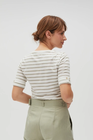 Bluzka w paski z okrągłym dekoltem oliwkowa