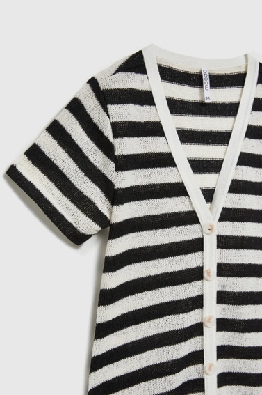 Sukienka w paski zapinana na guziki czarno-beżowa