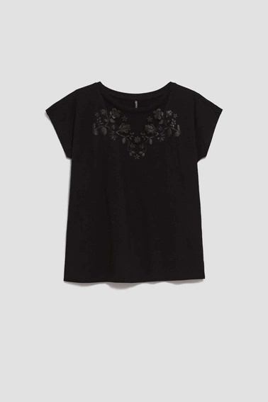 Bluzka z ażurowym dekoltem i wzorem kwiatów czarna