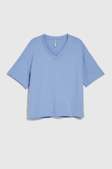 Luźny t-shirt z dekoltem w serek niebieski 