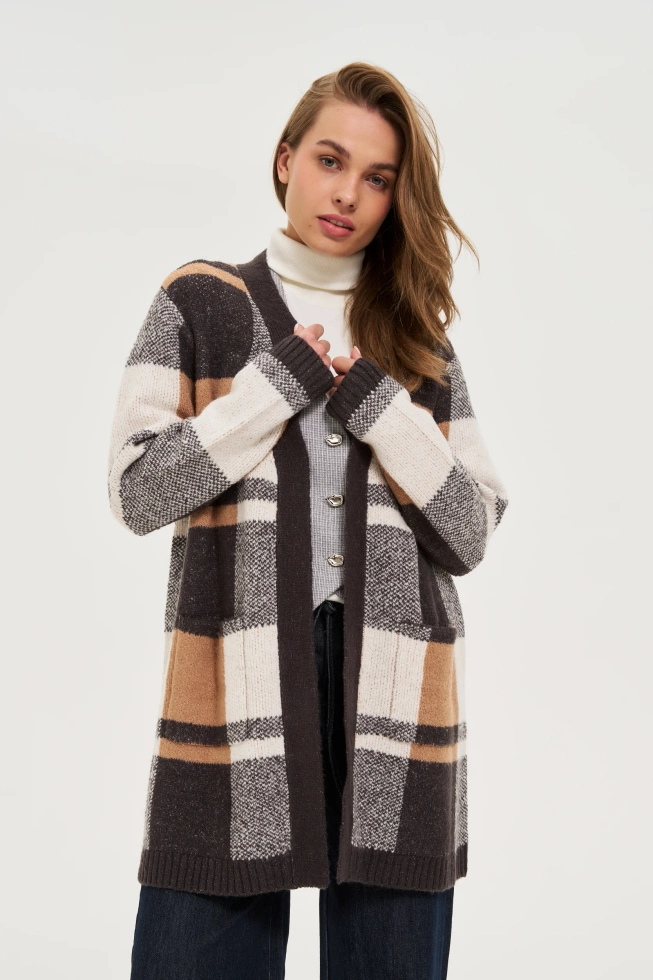 Kardigan w kratę beżowy