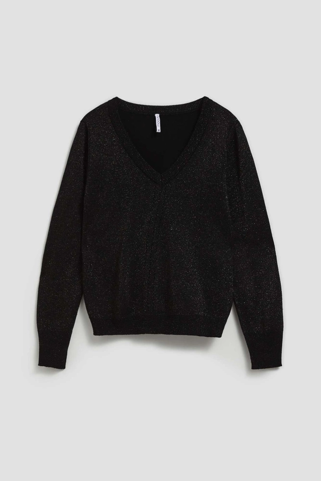 Sweter z metaliczną nitką i dekoltem w serek czarny