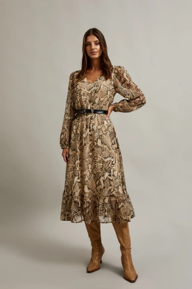 Sukienka z bufiastymi rękawami i zwierzęcym wzorem beżowa