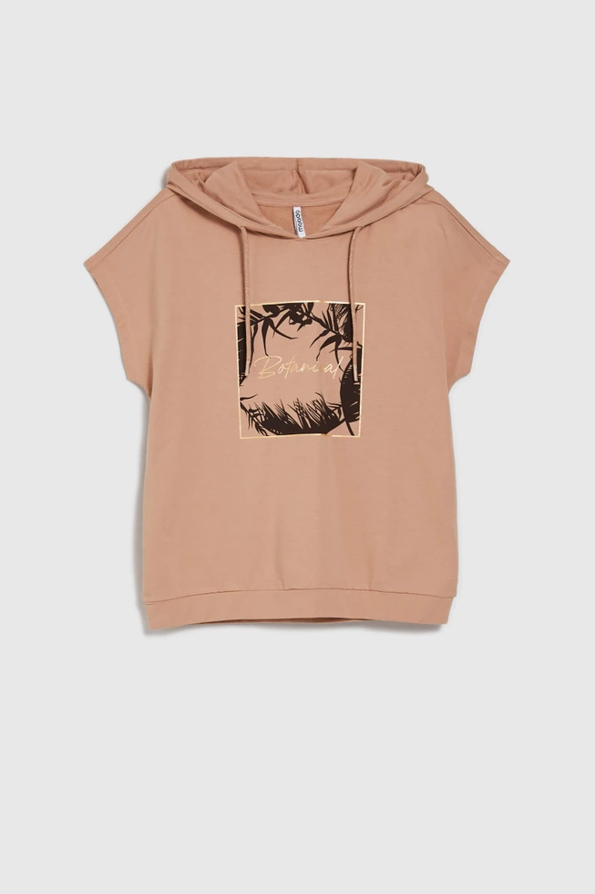 Bluza z kapturem i krótkimi rękawami beżowa