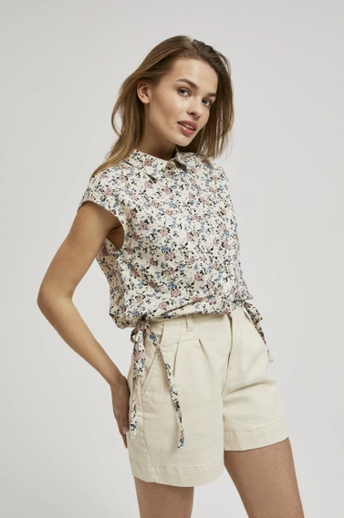 Koszula w kwiatki z kołnierzykiem i krótkimi rękawami beżowa