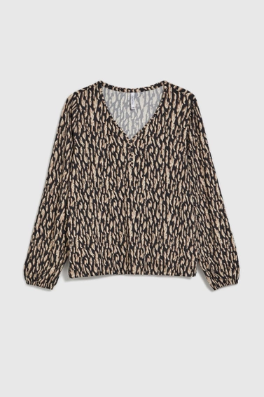 Wzorzysta bluzka z dlugimi rekawami brązowa