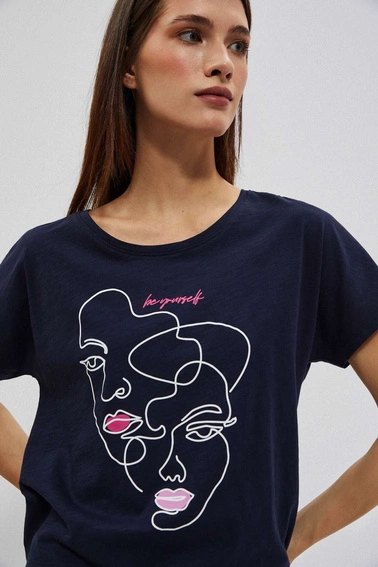 Bluzka z nadrukiem w kształcie twarzy granatowa