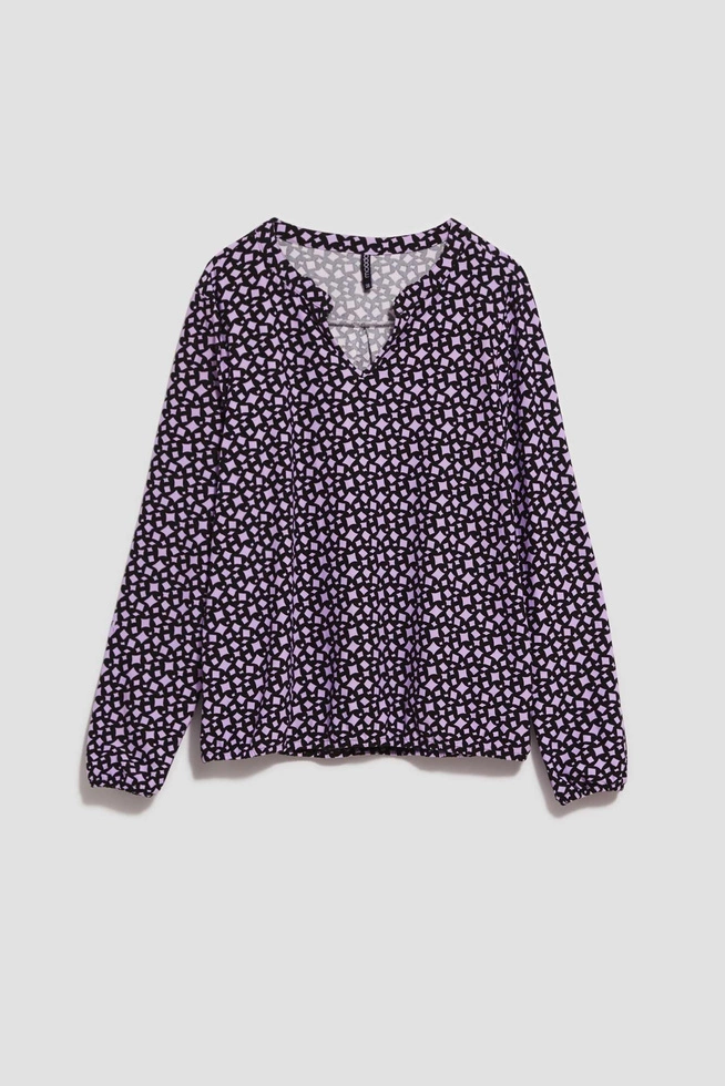 Wzorzysta bluzka z dekoltem w serek lawendowa