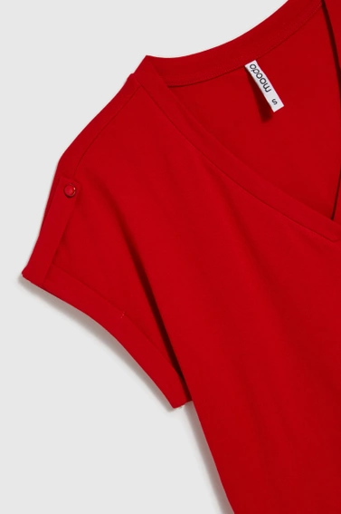 Gładki t-shirt z dekoltem w serek czerwony