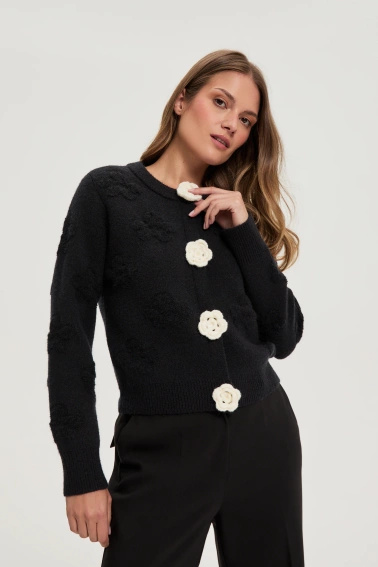 Kardigan z kwiatową aplikacją czarny