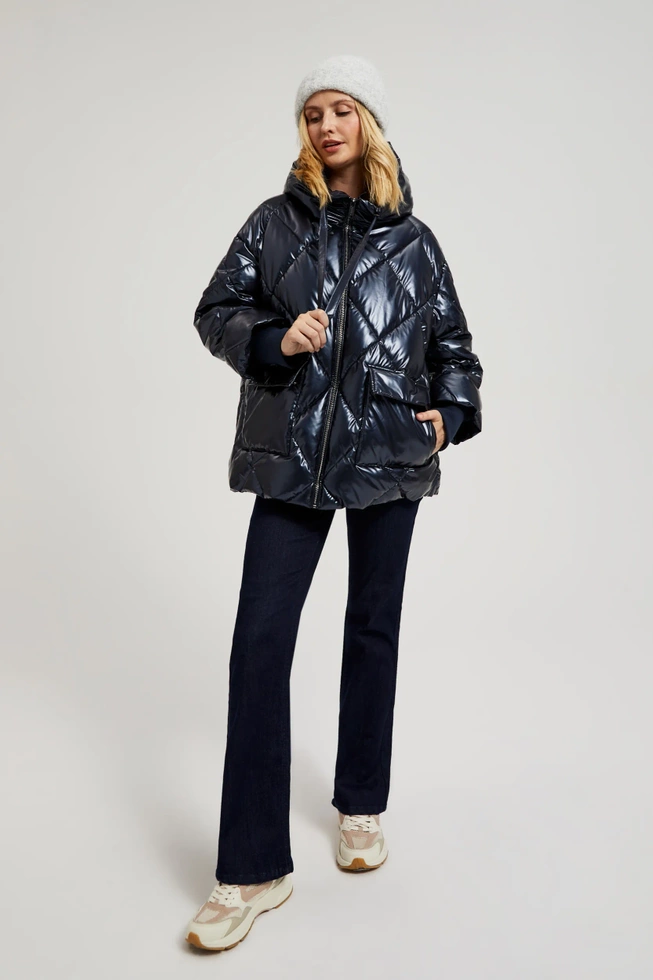 Pikowana metaliczna kurtka z kapturem grantowa