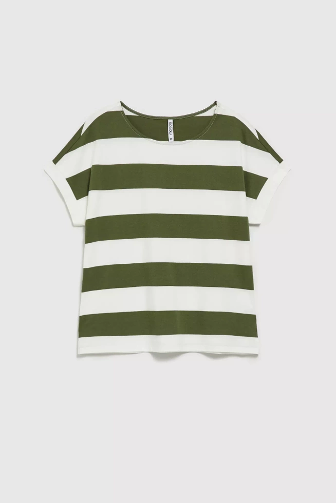 Bluzka w szerokie pasy z krótkimi rękawami khaki