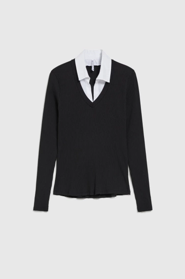 Prążkowana bluzka z kołnierzykiem czarna