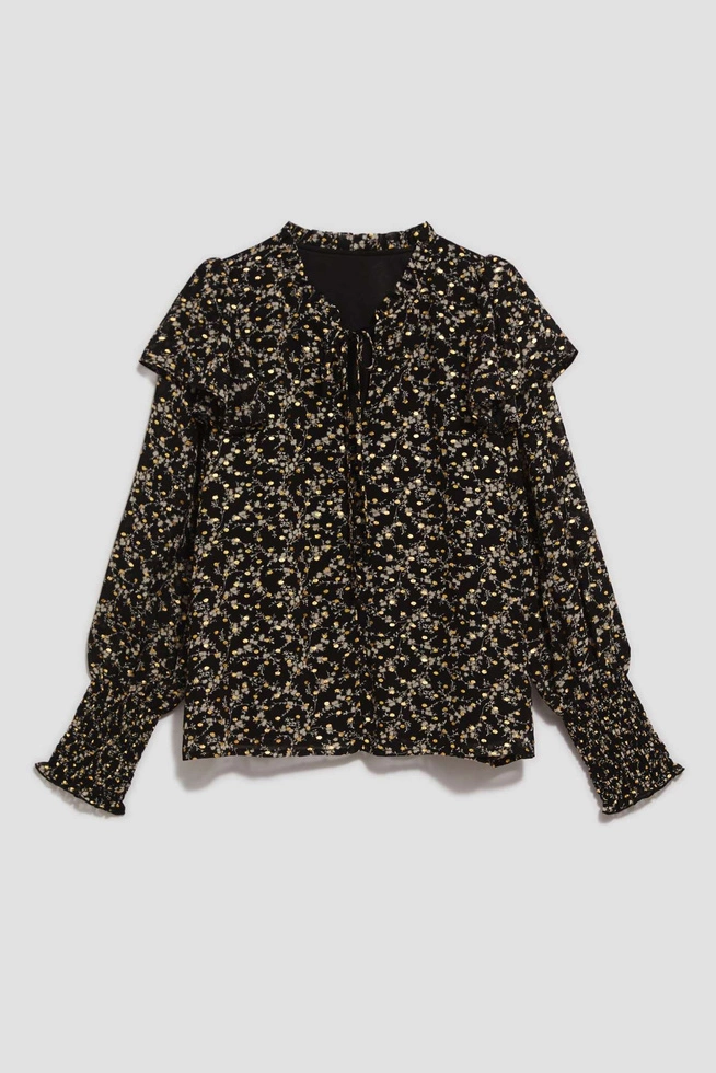 Wzorzysta koszula z wiązaniem na dekolcie czarna