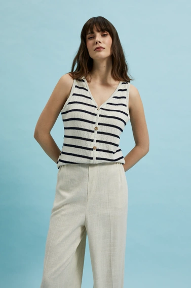 Bluzka w paski z dekoltem w serek i guzikami beżowa