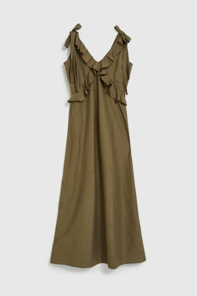 Wiskozowa sukienka z falbankami oliwkowa