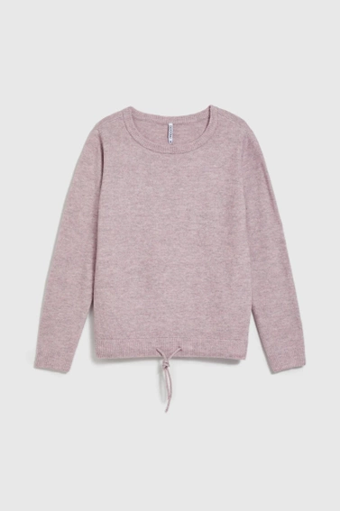 Sweter z okrągłym dekoltem i wiązaniem w pasie różowy