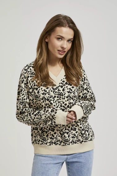 Wzorzysta bluza z dekoltem w serek i długimi rękawami beżowa