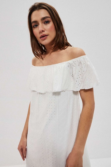 Ażurowa sukienka z odkrytymi ramionami perłowa