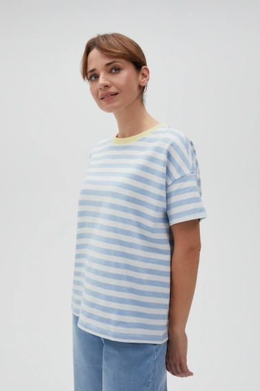 Bawełniana bluza w paski z krótkimi rękawami błękitna 