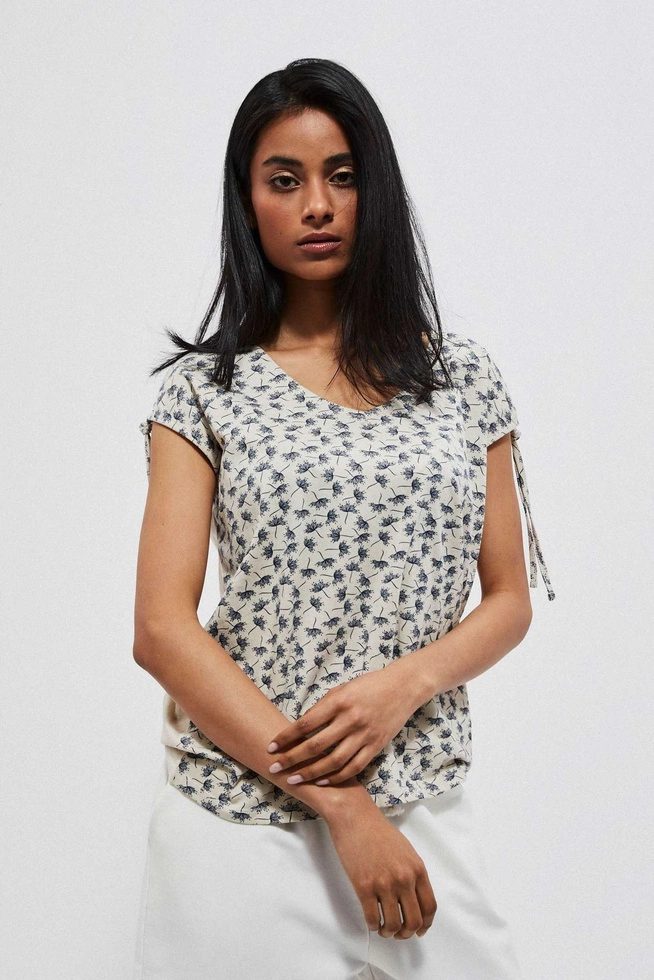 Bawełniany t-shirt z regulowanymi rękawkami piaskowy